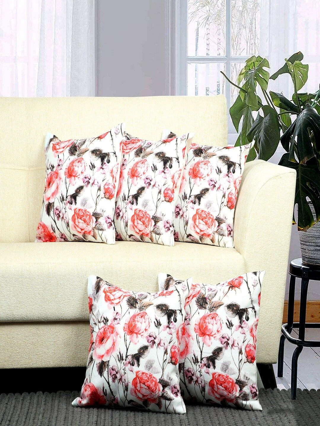BELLA TRUE White & Peach-Coloured Set of 5 Floral Square Cushion Covers Price in India