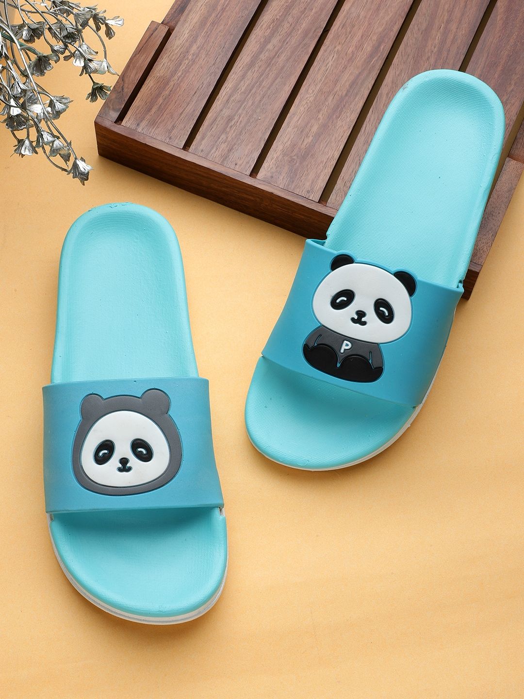 Pampy Angel Women Teal Blue & White Printed Water Resistant Sliders Price in India