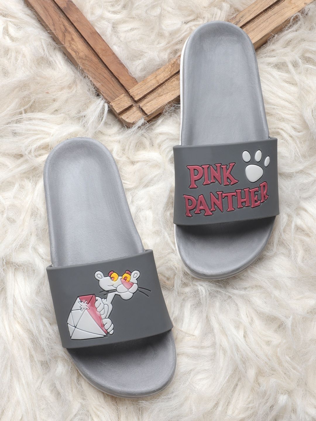 Pampy Angel Women Grey & White Pink Panther Printed Water Resistant Sliders Price in India