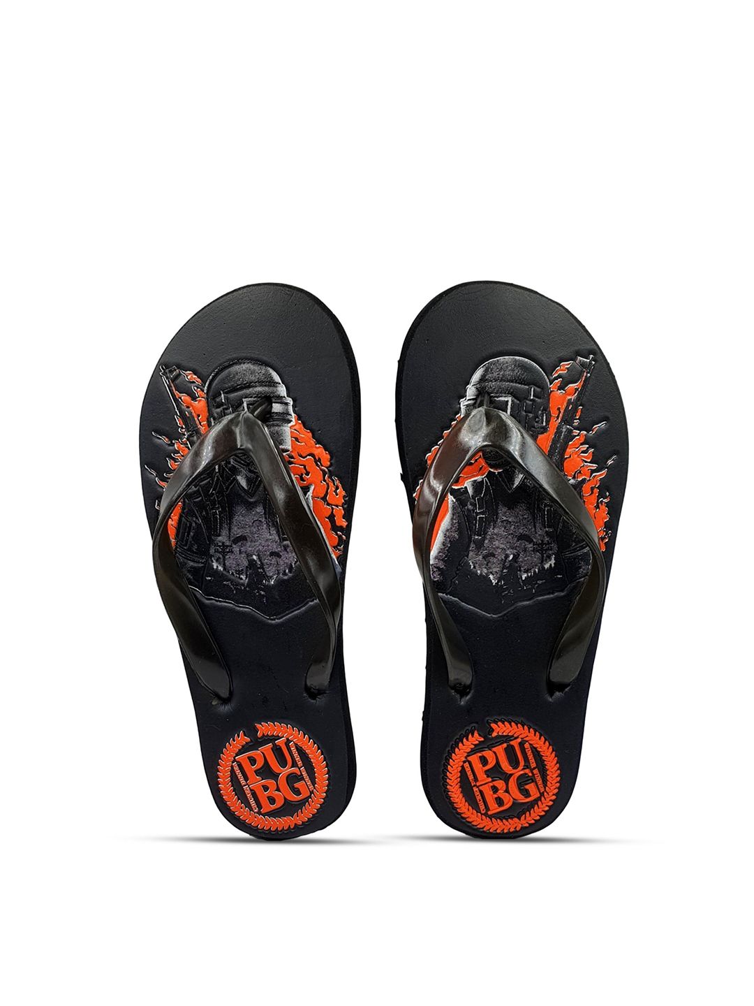 Pampy Angel Men Black & Orange PUBG Printed Thong Flip-Flops