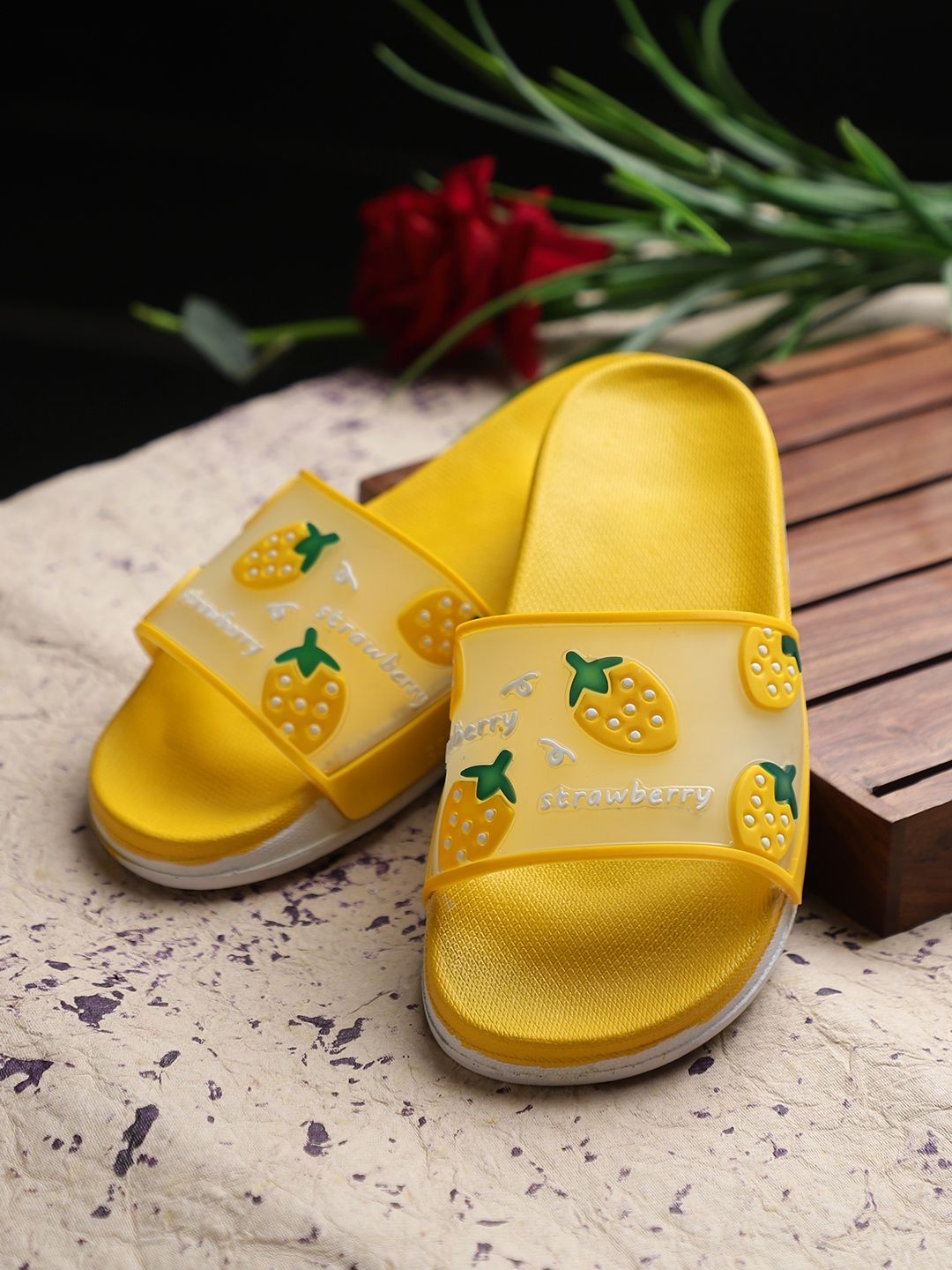 Pampy Angel Women Yellow & White Printed Water Resistant Sliders Price in India