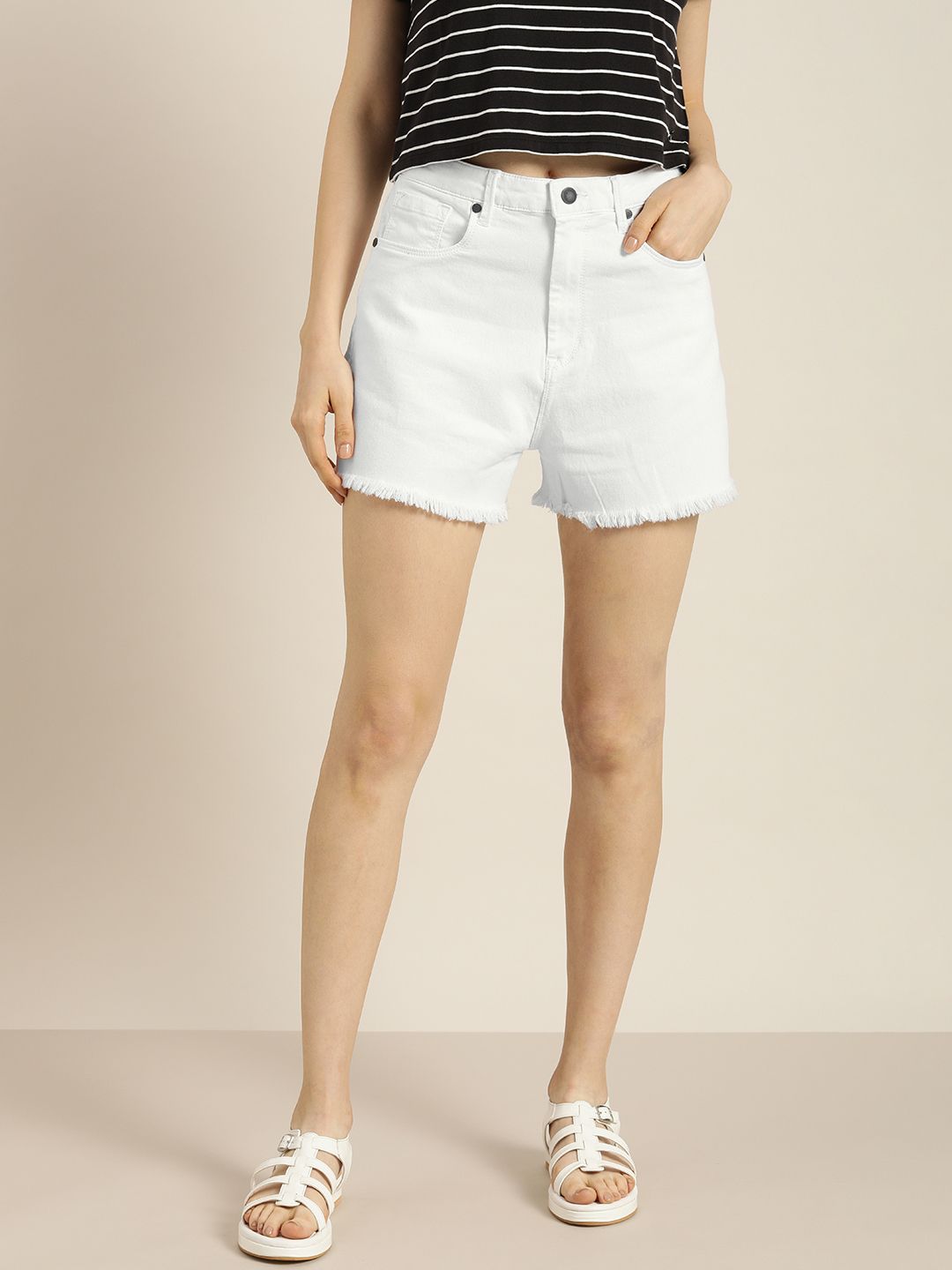 Moda Rapido Women White Solid High-Rise Denim Shorts Price in India