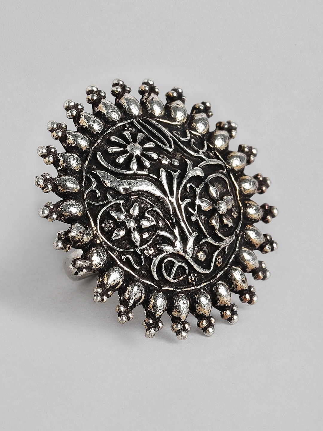 justpeachy Oxidized Silver-Plated Embellished Adjustable Finger Ring Price in India