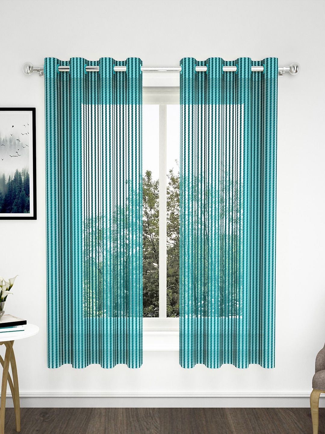 Bedspun Turquoise Blue Set of 2 Sheer Window Curtains Price in India