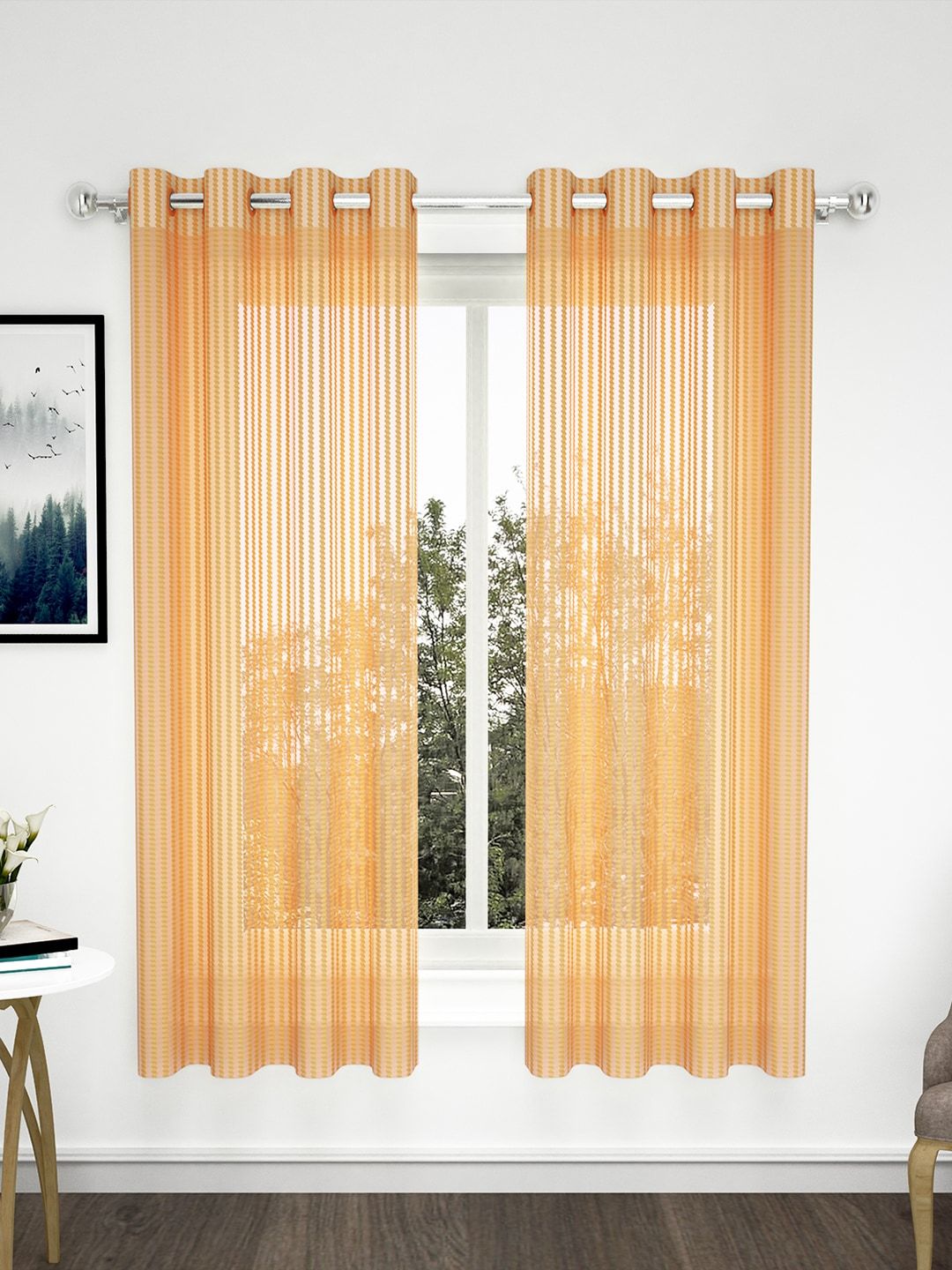 Bedspun Orange & Cream-Coloured Set of 2 Sheer Window Curtains Price in India