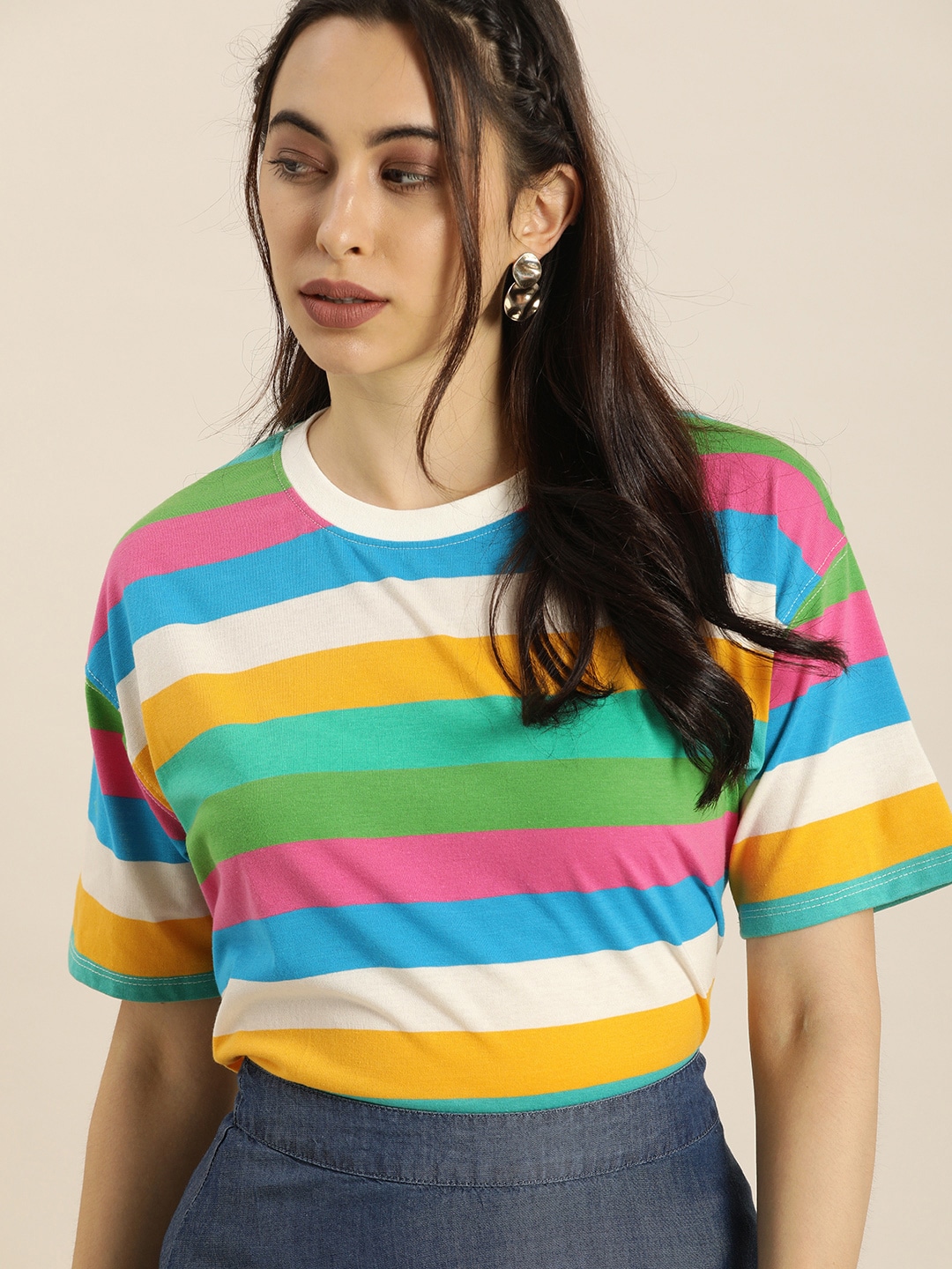 Moda Rapido Women Multicoloured Candy Stripes Drop-Shoulder Sleeves T-shirt Price in India