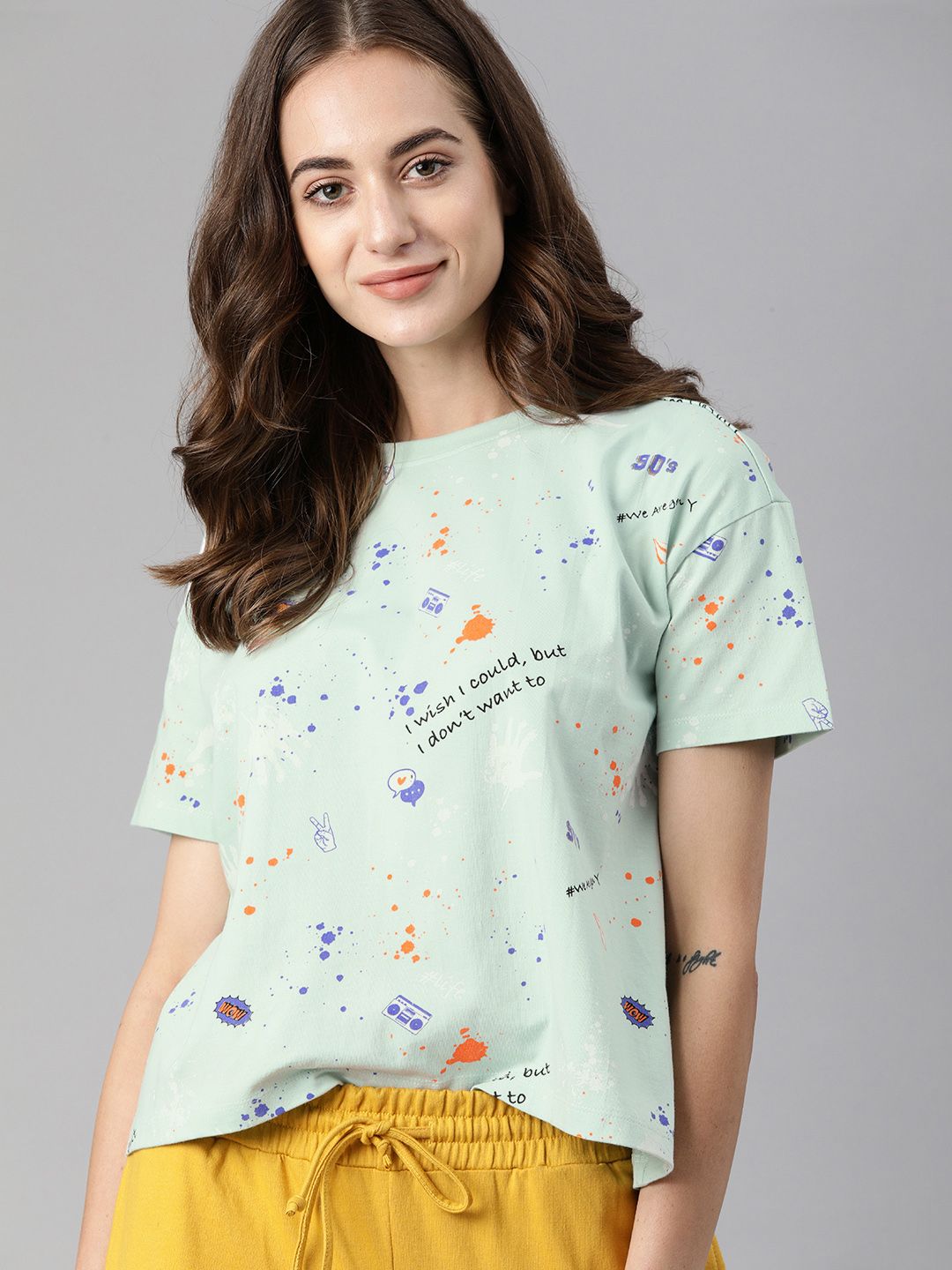 HERE&NOW Women Green & Blue Printed Drop-Shoulder Sleeves T-shirt