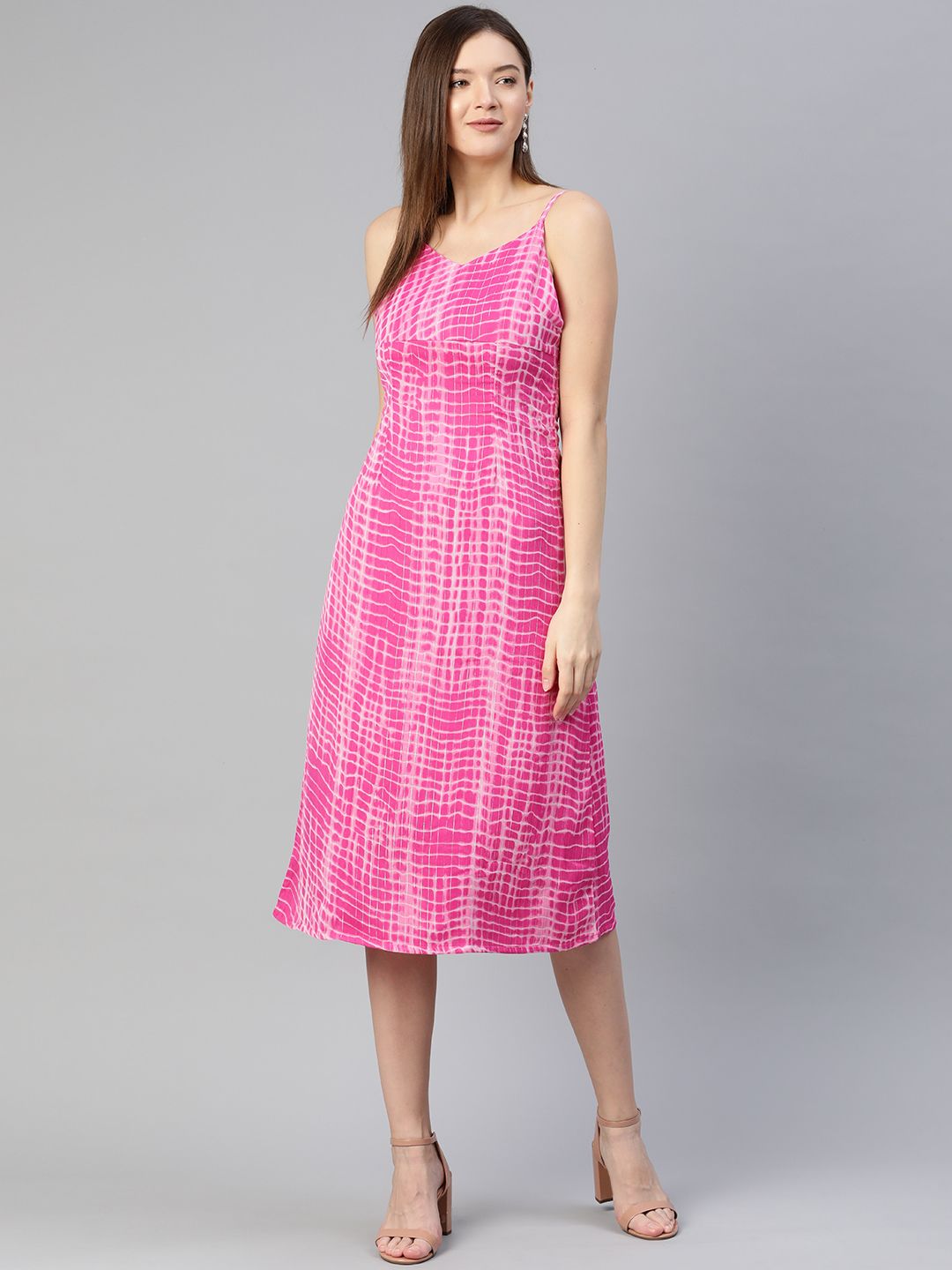 Pluss Charming Pink and White Dyed Ruched Dress Price in India