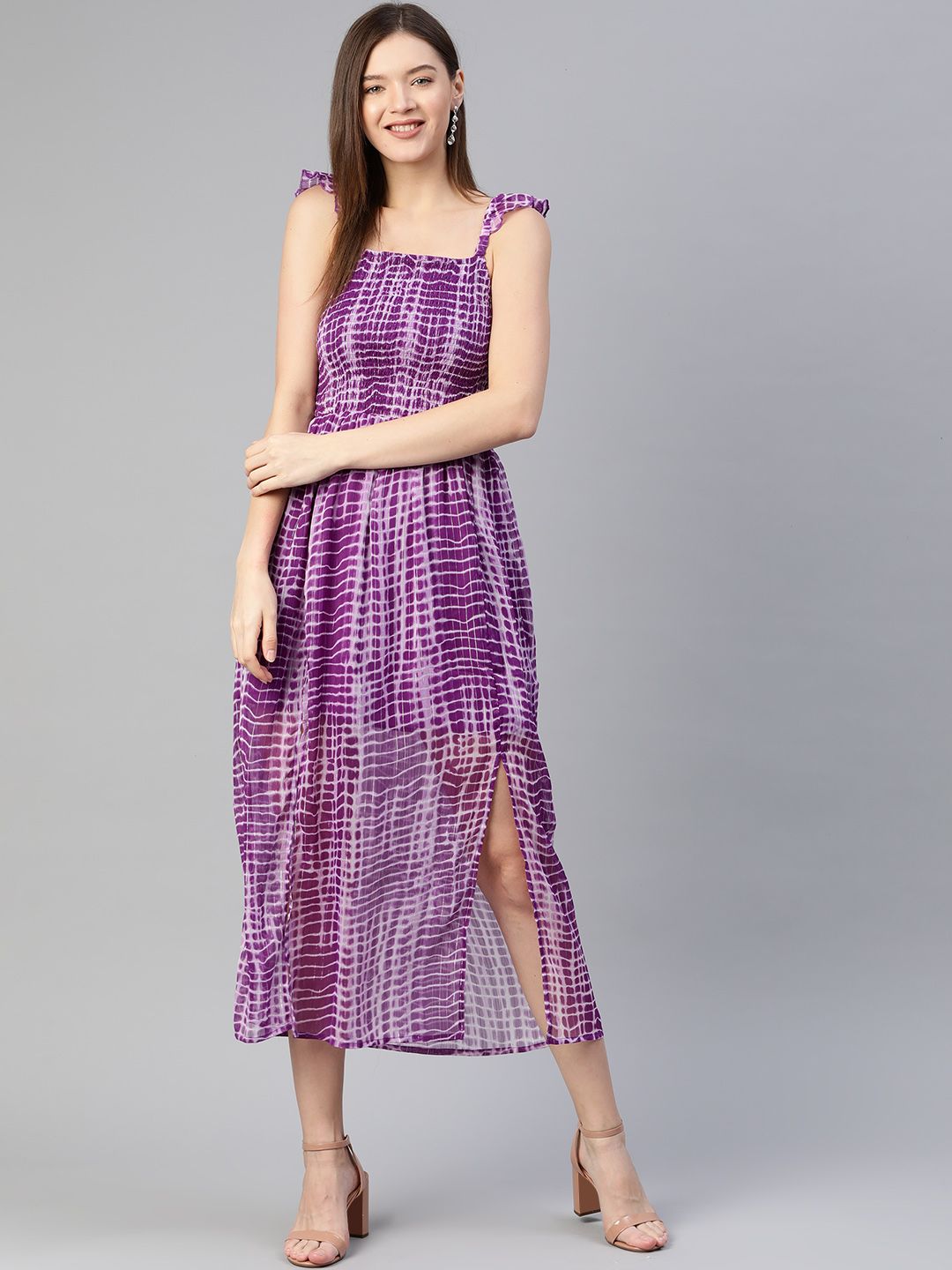 Pluss Chic Purple and White Dyed Smocked Dress Price in India