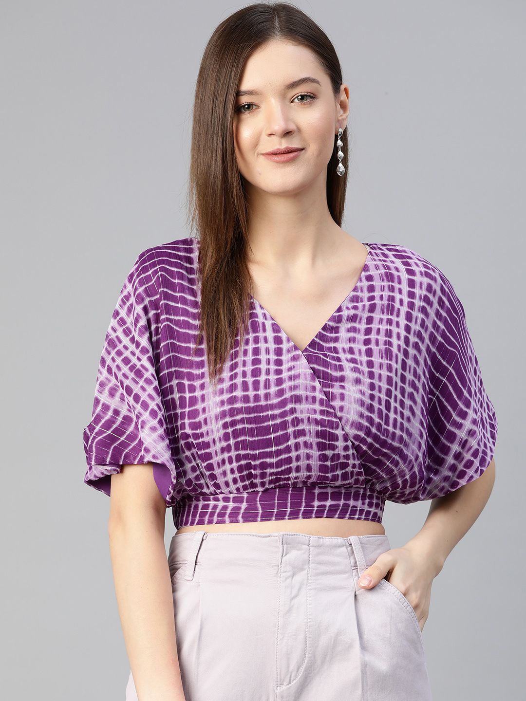 plusS Trendy Purple and White Solid Wrapped Top Price in India