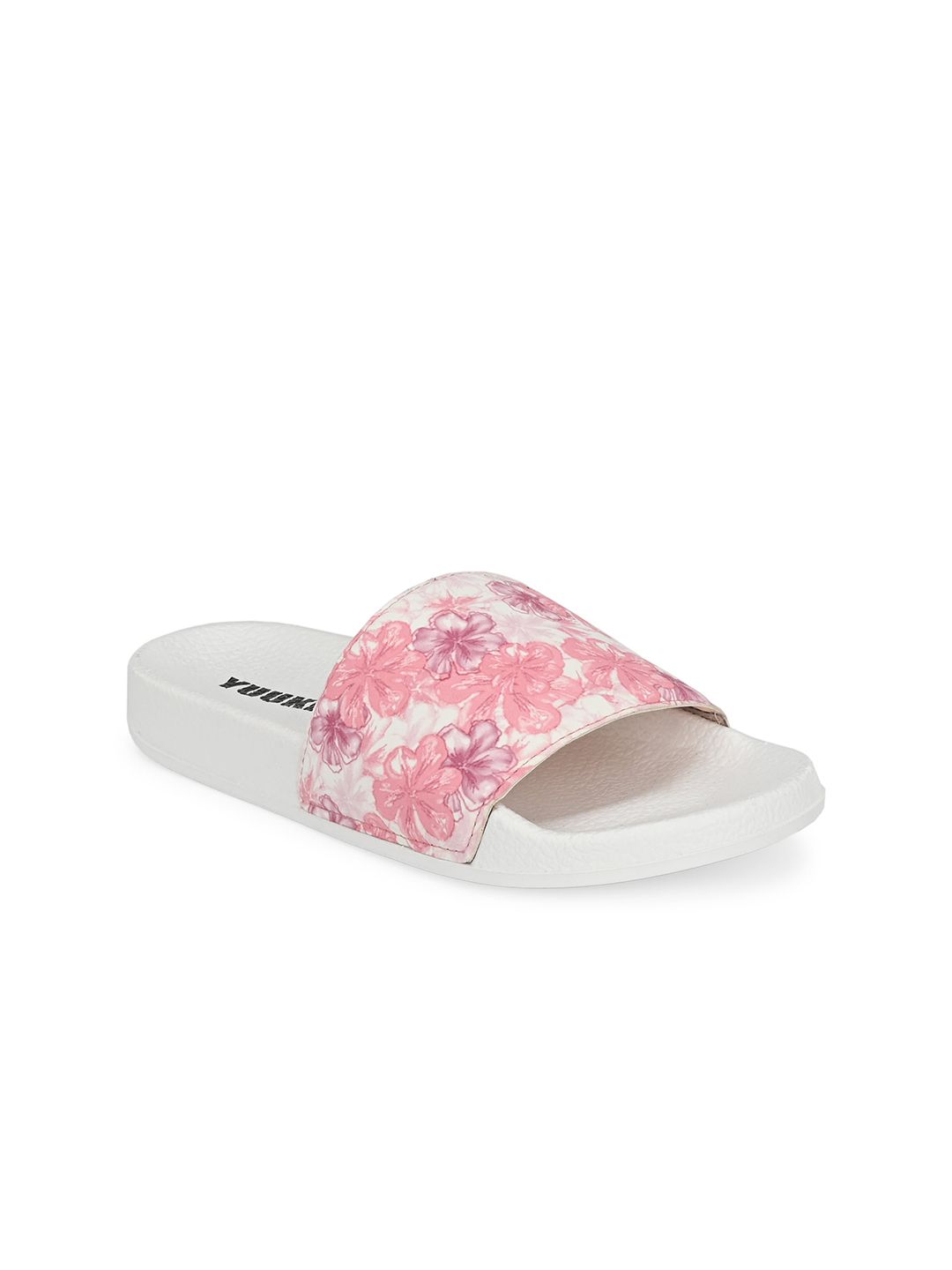 Yuuki Women White & Pink Printed Sliders Price in India