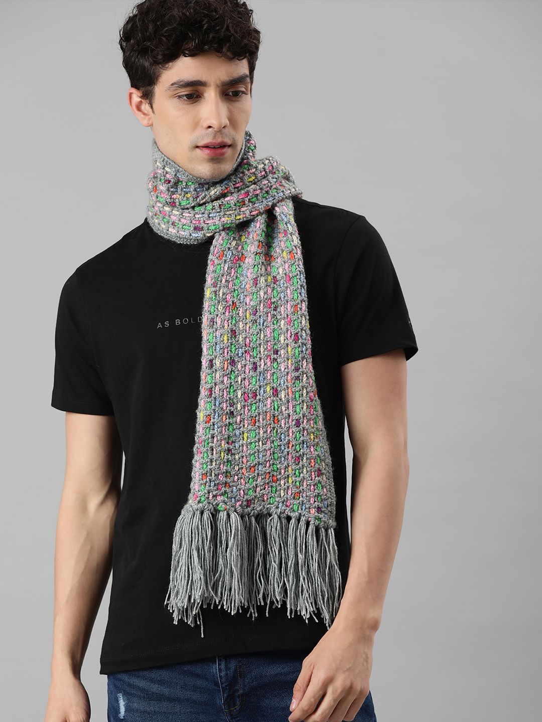 Magic Needles Unisex Multicoloured Knitted Scarf with Tassels Price in India