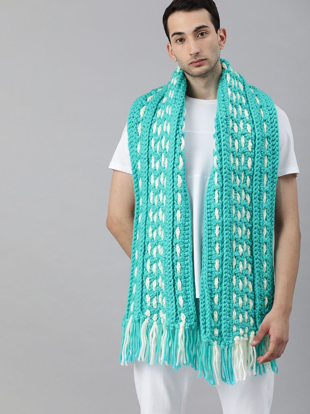 Magic Needles Unisex Turquoise Blue & White Self Design Knitted Scarf with Tassels Price in India