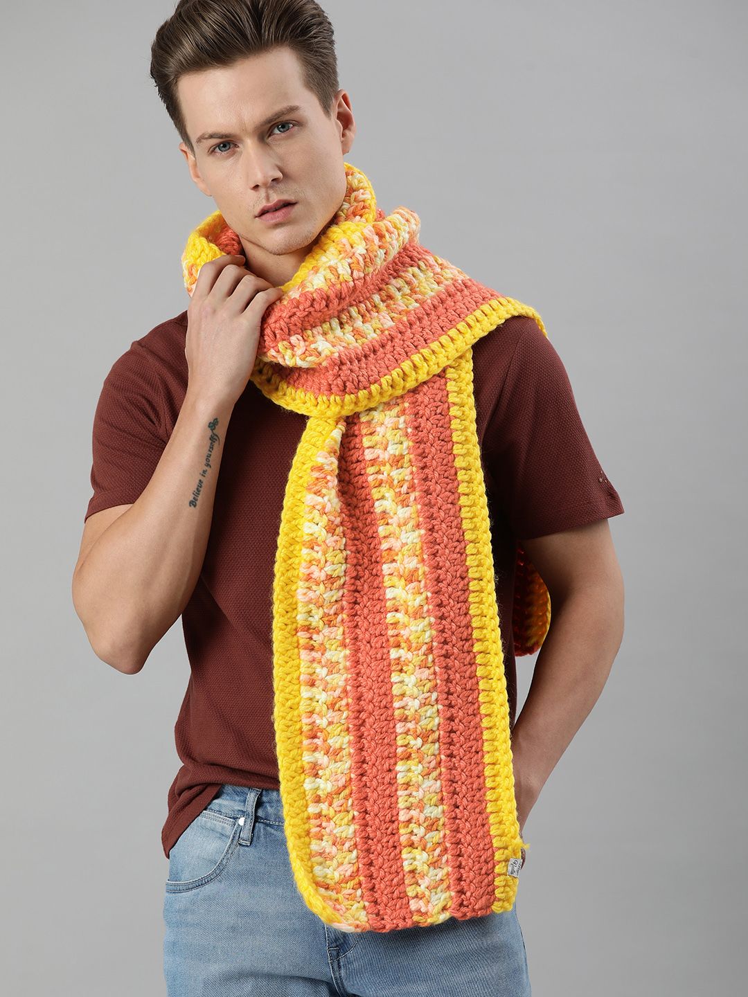 Magic Needles Unisex Yellow & Orange Self Design Knitted Scarf Price in India