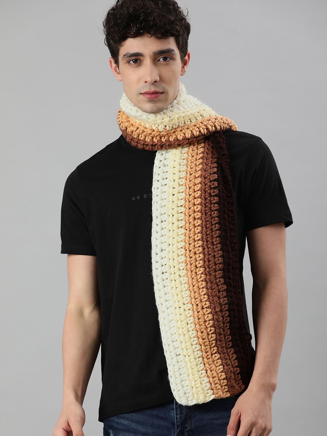 Magic Needles Unisex Brown & Off White Self Design Knitted Scarf Price in India