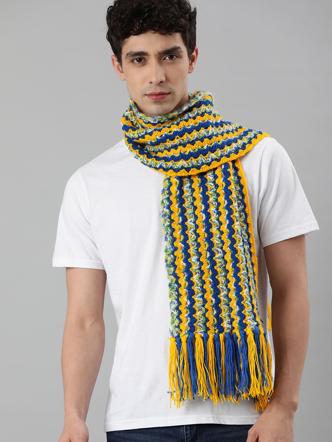 Magic Needles Unisex Yellow & Blue  Self-design Scarf With Tassels Price in India