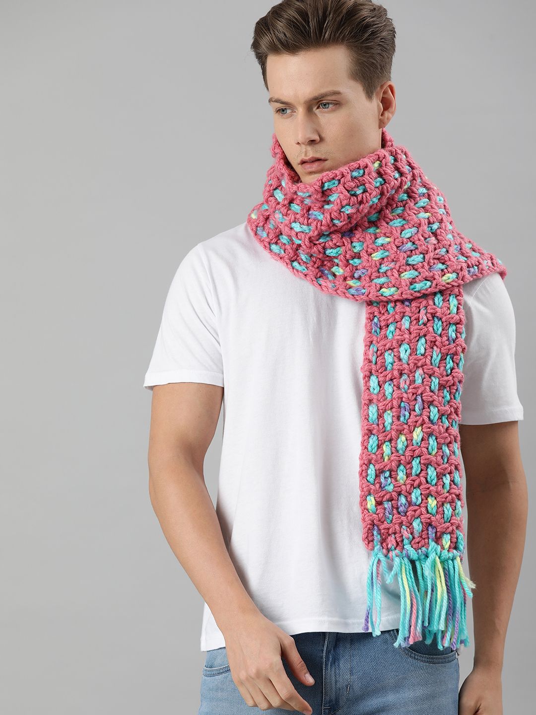 Magic Needles Unisex Pink & Blue Self Design Knitted Scarf with Tassels Price in India