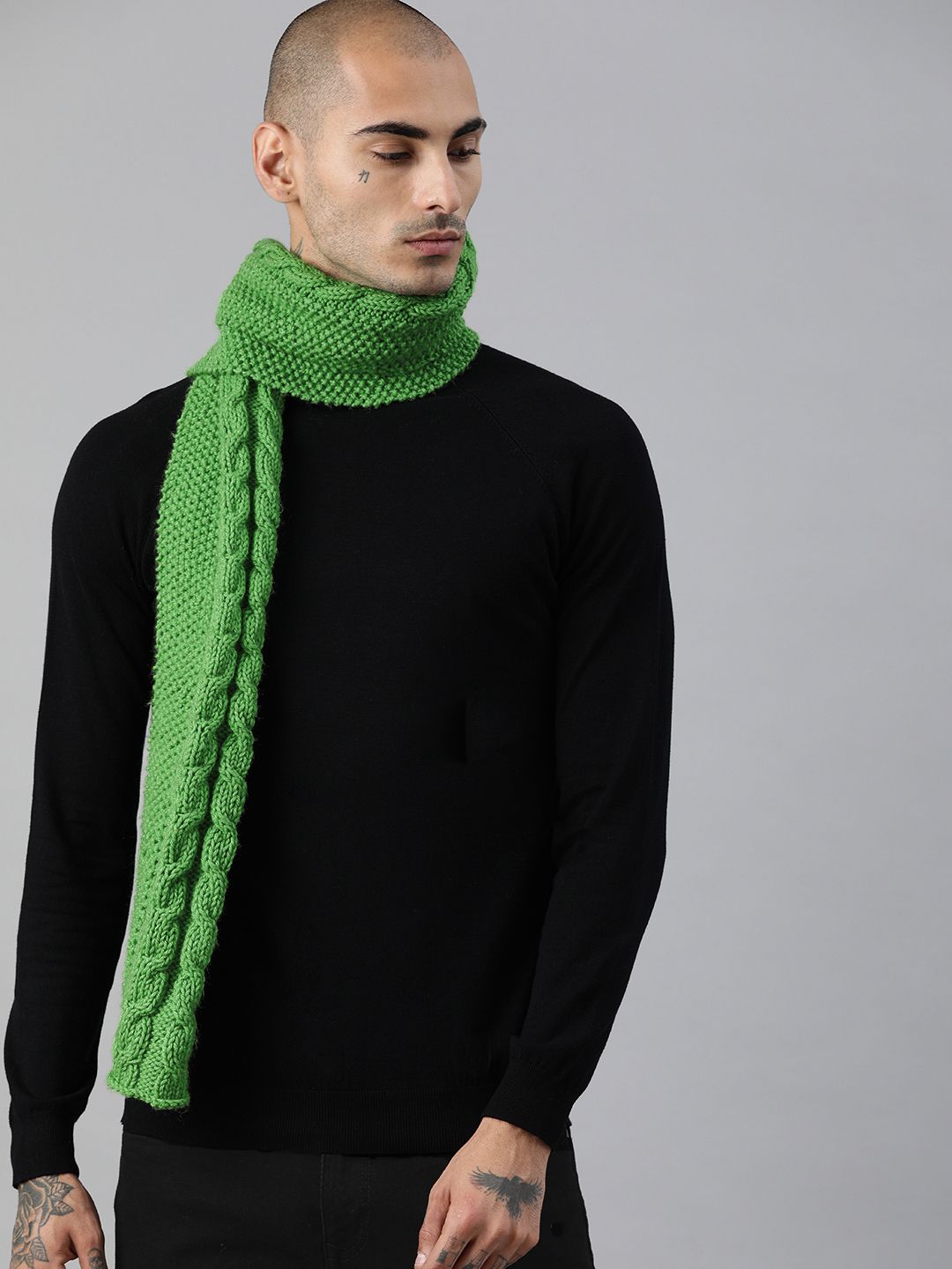 Magic Needles Unisex Olive Green Cable Design Knitted Scarf Price in India