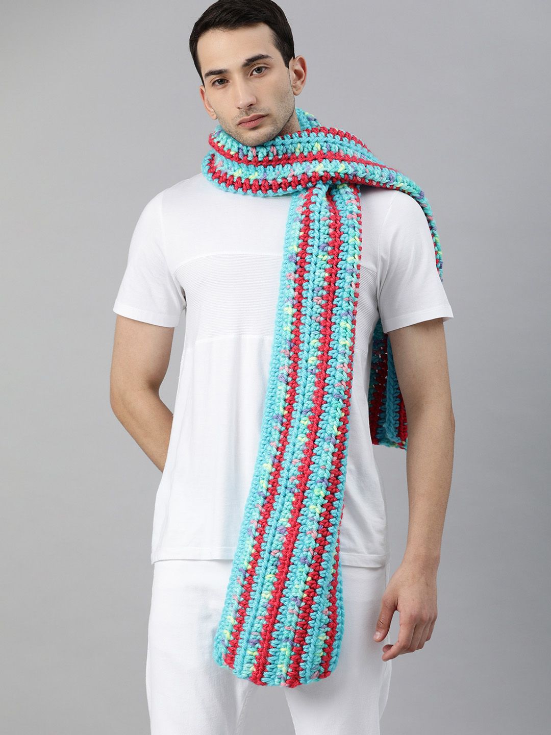 Magic Needles Unisex Blue & Red Self Design Knitted Scarf Price in India