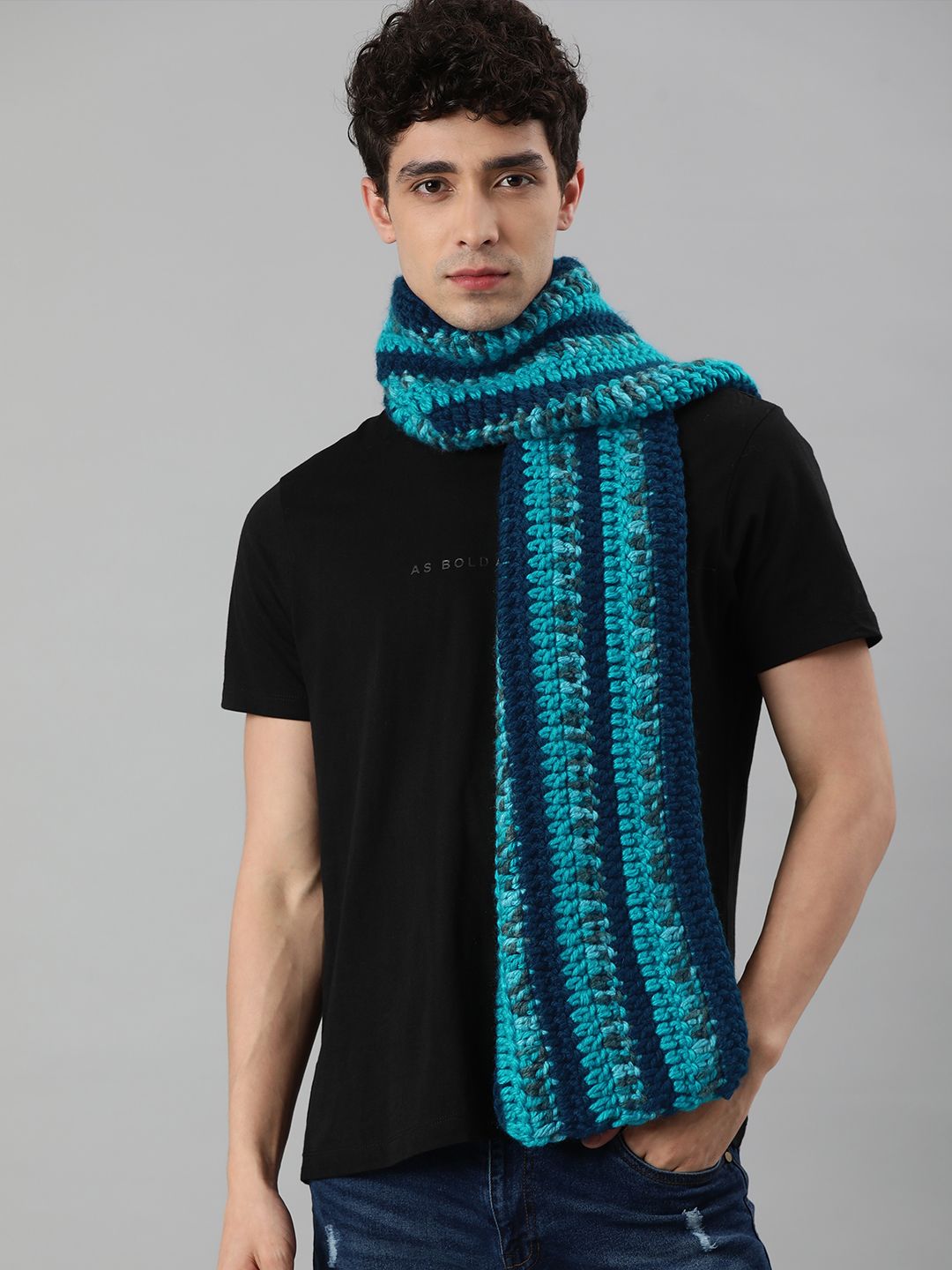 Magic Needles Unisex Teal Green & Navy Blue Striped Knitted Scarf Price in India