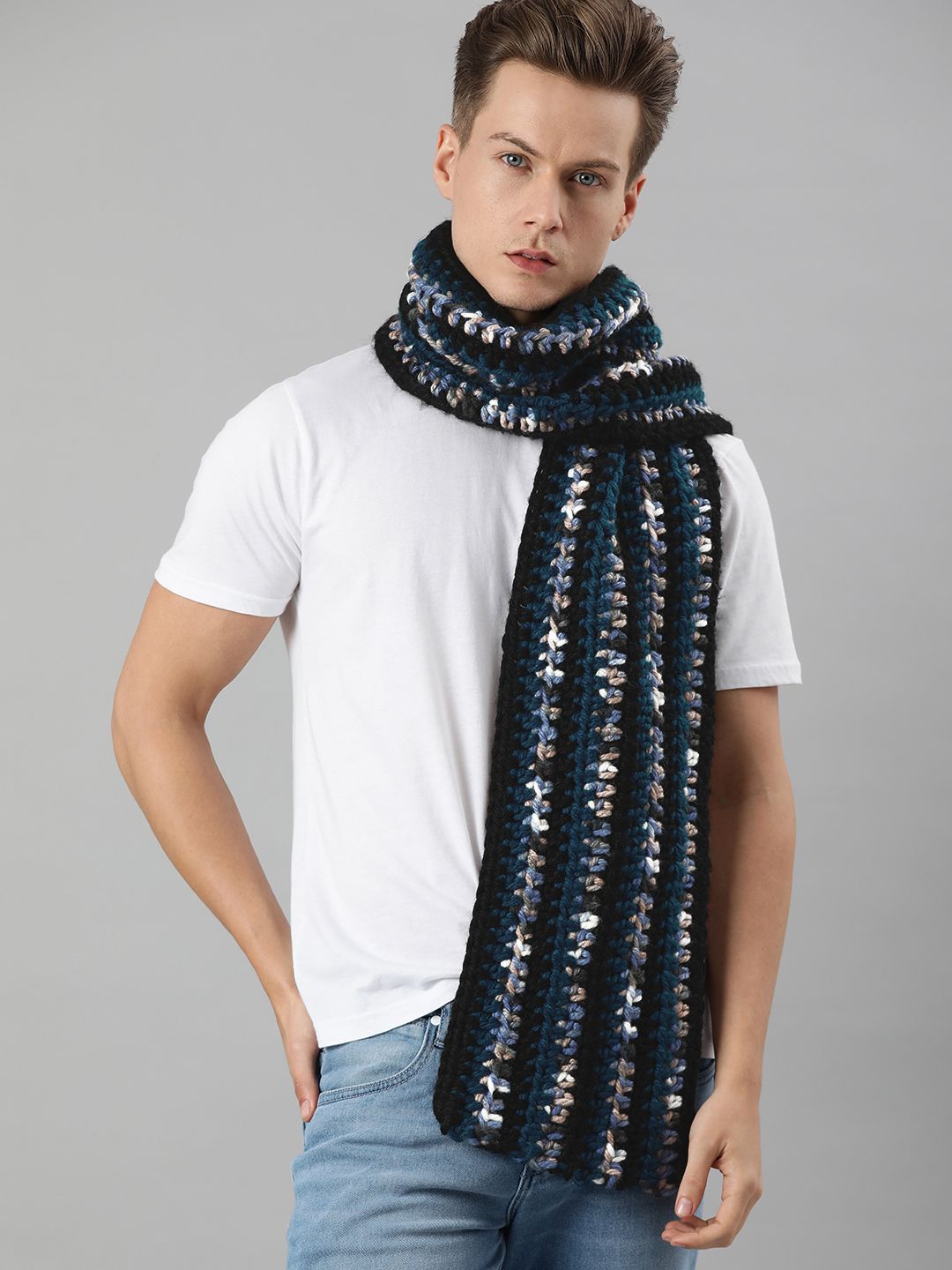 Magic Needles Unisex Teal Blue & White Striped Knitted Scarf Price in India