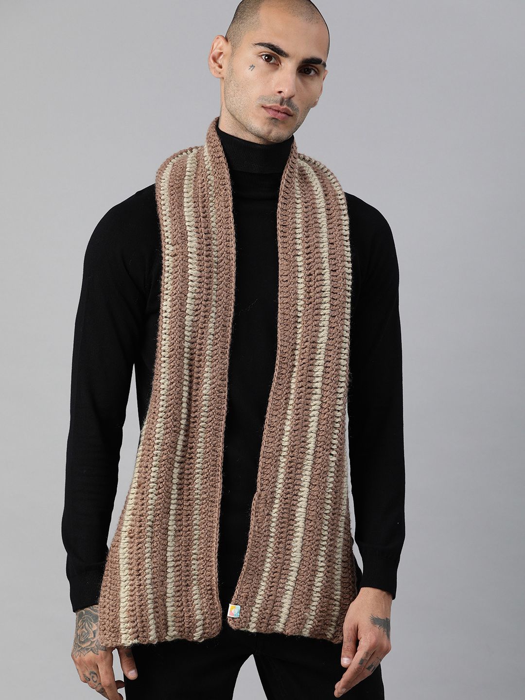 Magic Needles Unisex Brown & Beige Self Design Knitted Scarf Price in India