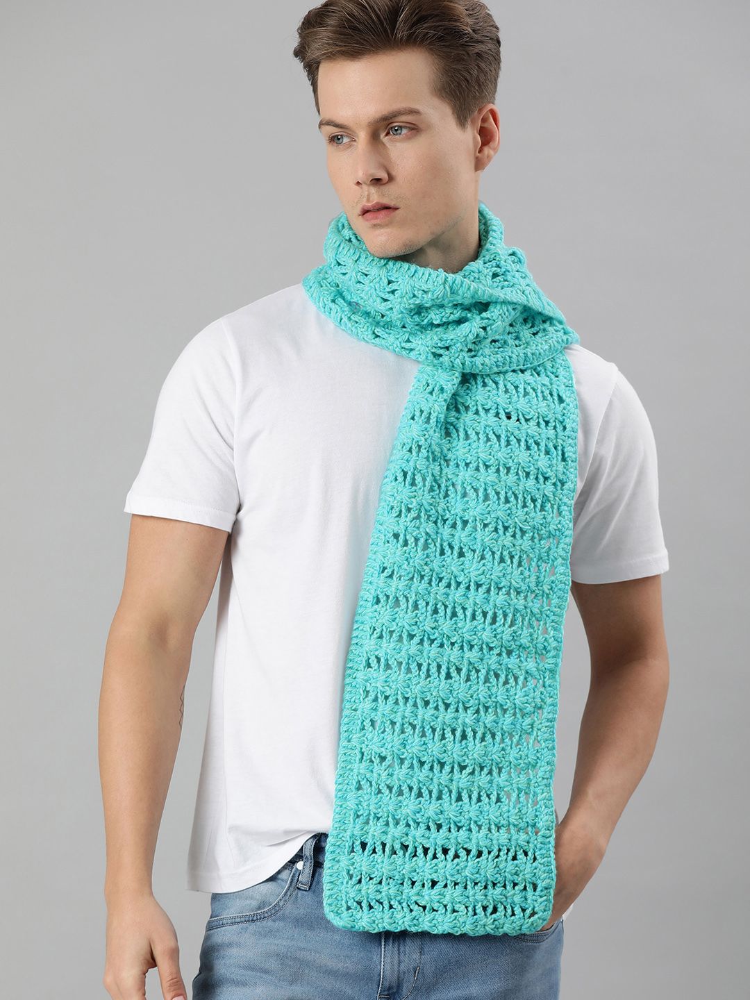 Magic Needles Unisex Turquoise Blue Self Design Knitted Scarf Price in India
