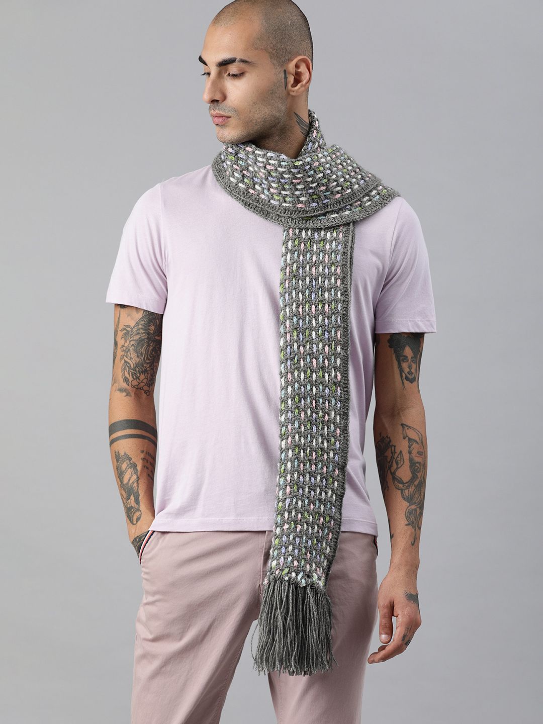 Magic Needles Unisex Grey & Pink  Self -Design Scarf With Tassels Price in India