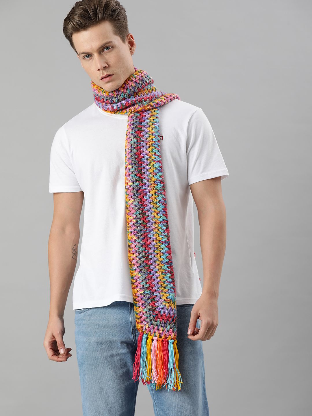 Magic Needles Unisex Multicoloured Knitted Scarf with Tassels Price in India