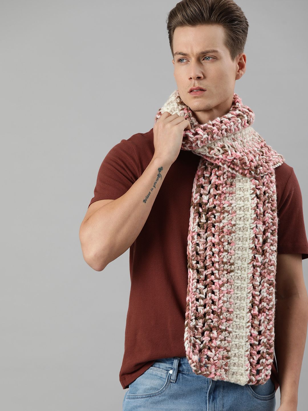 Magic Needles Off White & Pink Thick and warm Scarf Price in India