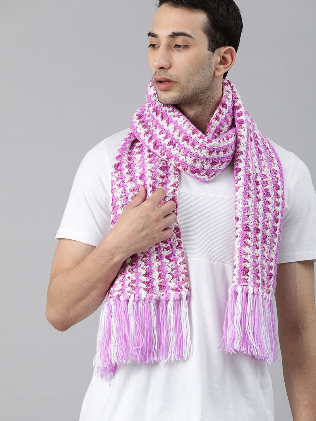 Magic Needles Unisex Lavender & White  Self-design Scarf With Tassels Price in India