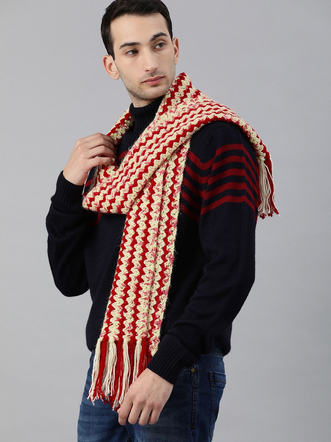 Magic Needles Unisex Red & Off White Knitted Scarf Price in India