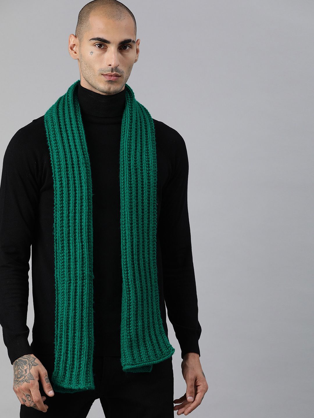 Magic Needles Unisex Green Self Striped Knitted Scarf Price in India