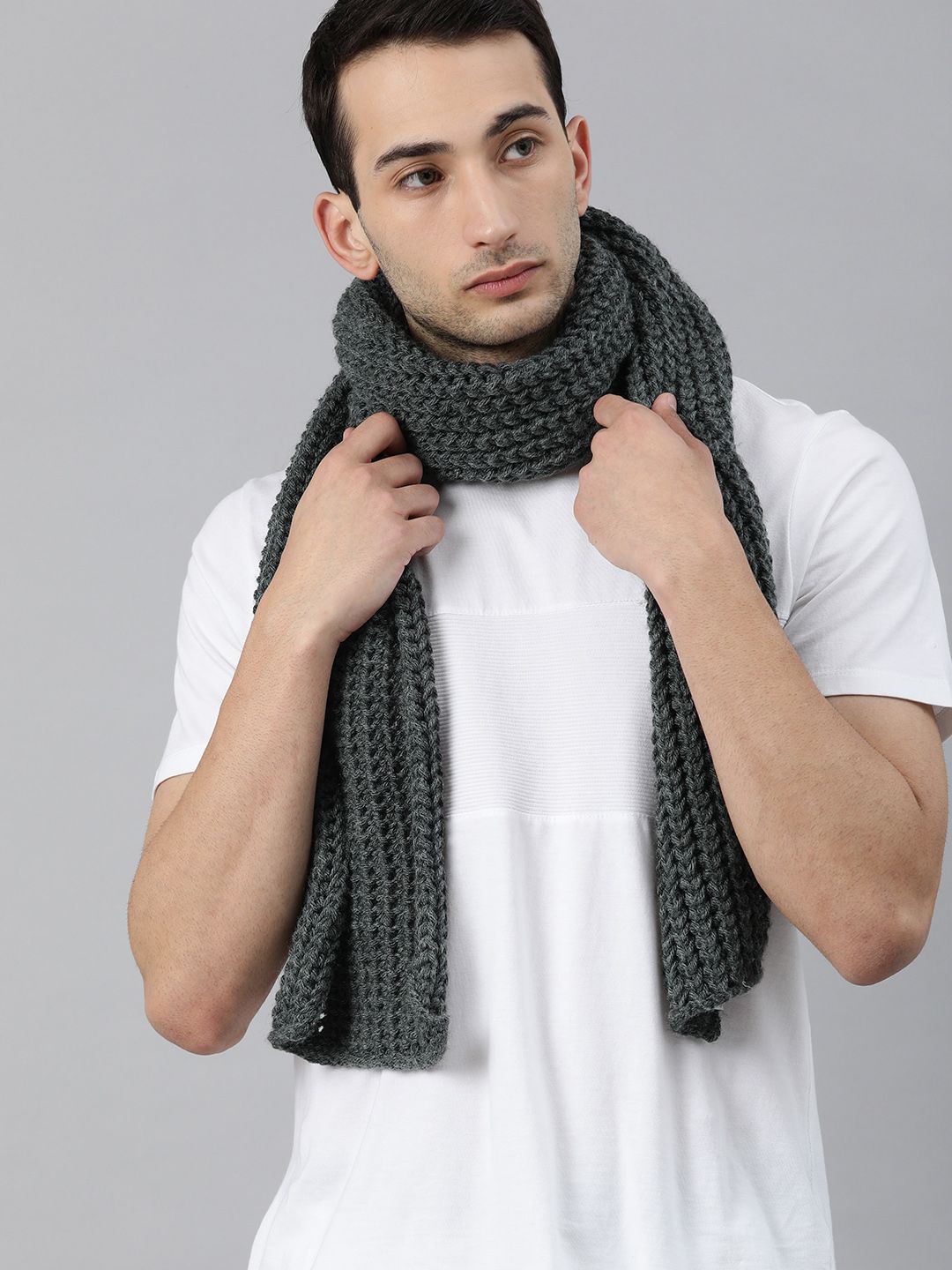 Magic Needles Unisex Charcoal Grey Self Design Knitted Scarf Price in India