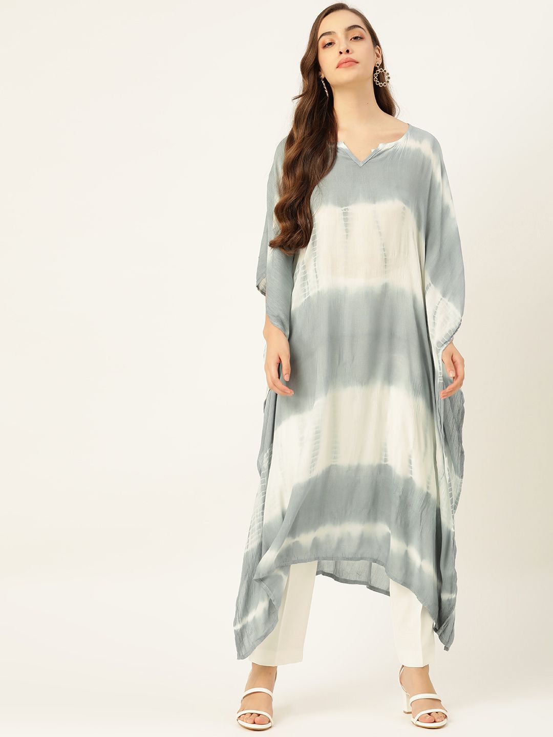 Maaesa Women Grey & White Tie & Dye Crepe Kaftan Kurta Price in India