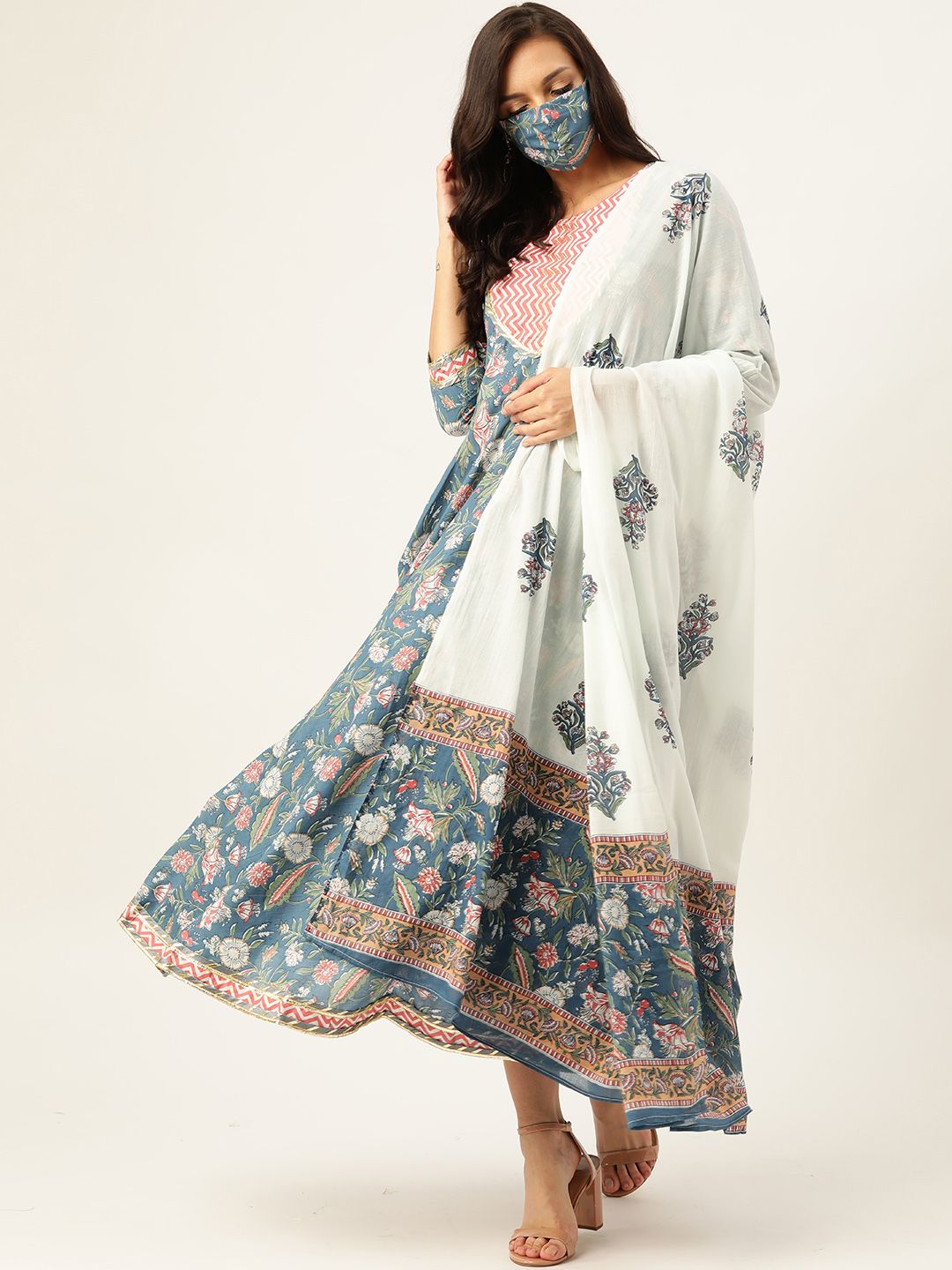 Maaesa Blue & White Printed Pure Cotton Ethnic Maxi Dress With Matching Dupatta Price in India