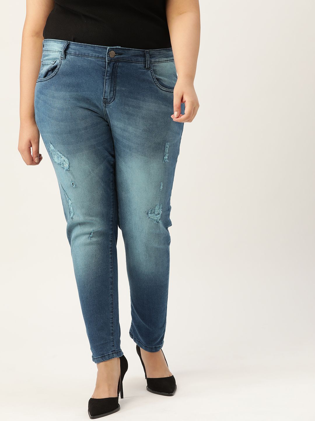 Sztori Women Plus Size Blue Skinny Fit Mildly Distressed Light Fade Stretchable Jeans Price in India