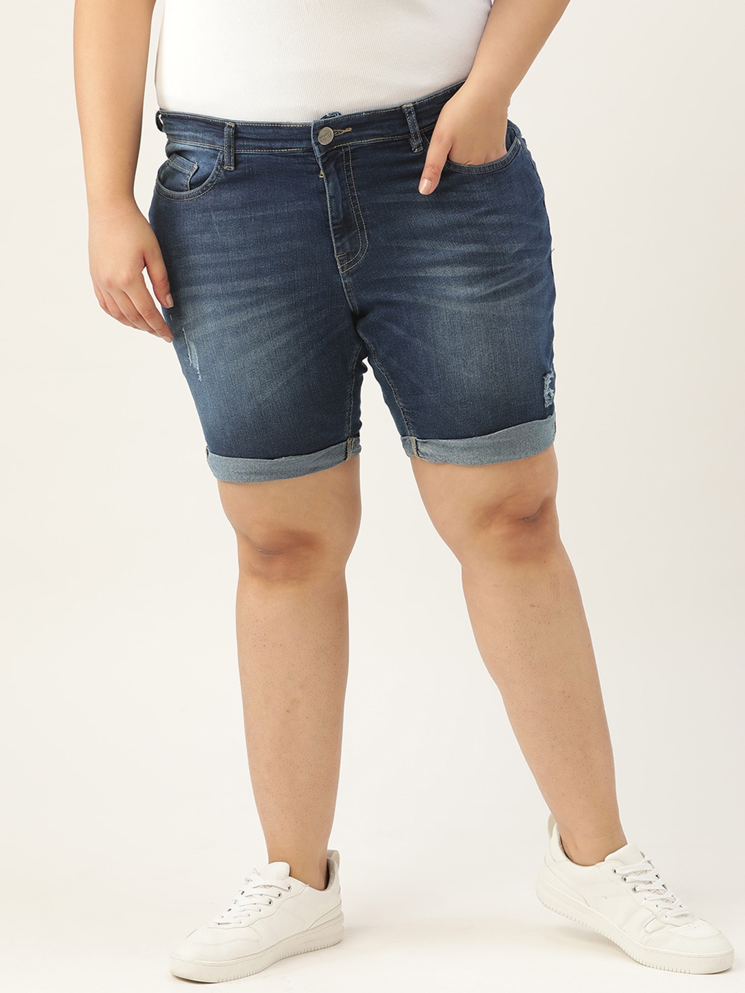 Sztori Plus Size Women Navy Blue Mid-Rise Denim Shorts Price in India