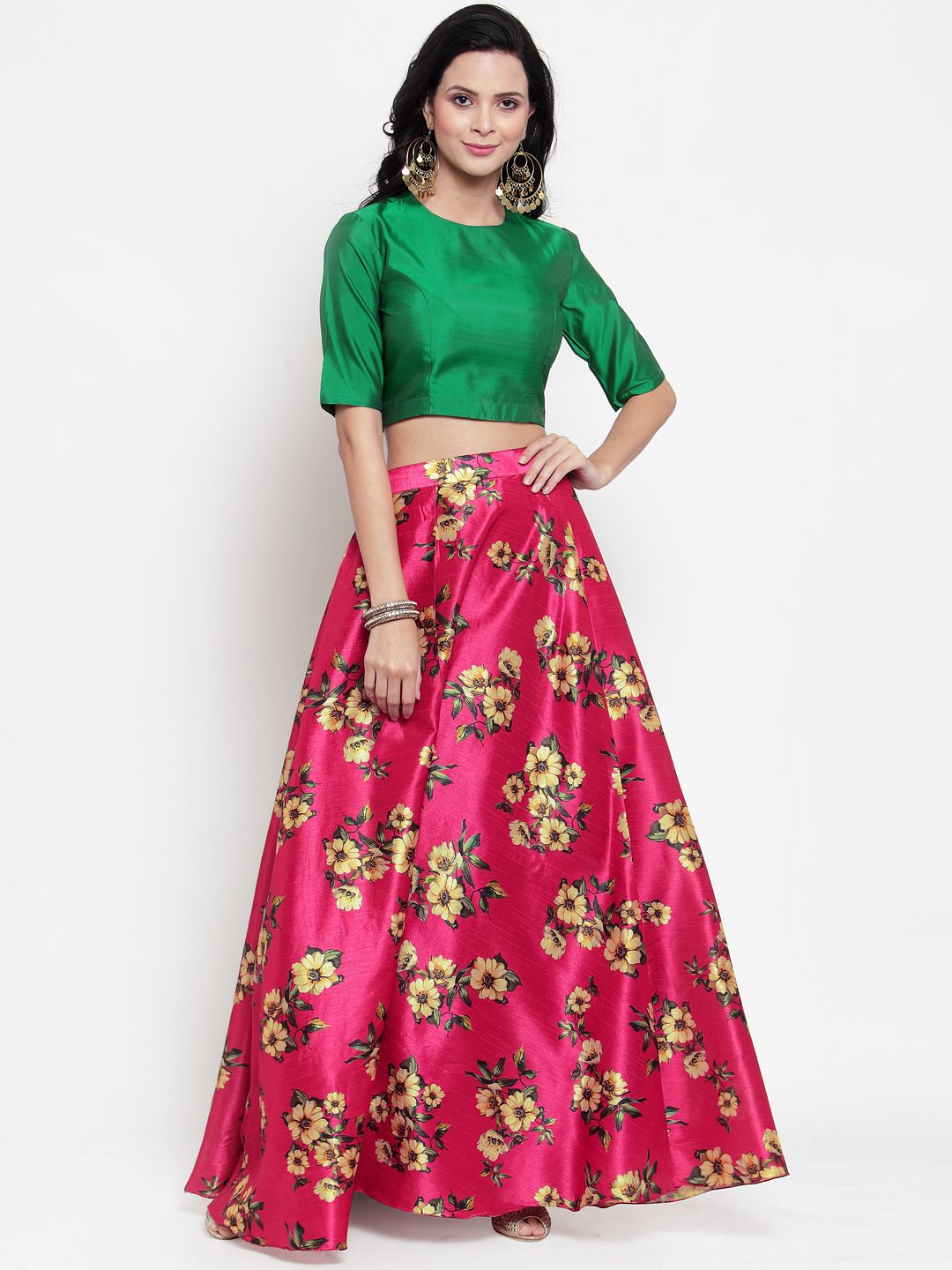 Get Glamr Green & Pink Solid Ready to Wear Lehenga & Blouse Price in India