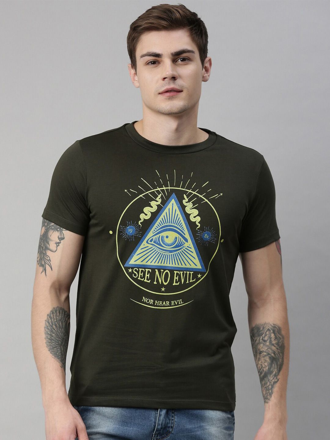 QUANCIOUS Men Green Printed Organic Cotton Round Neck T-shirt