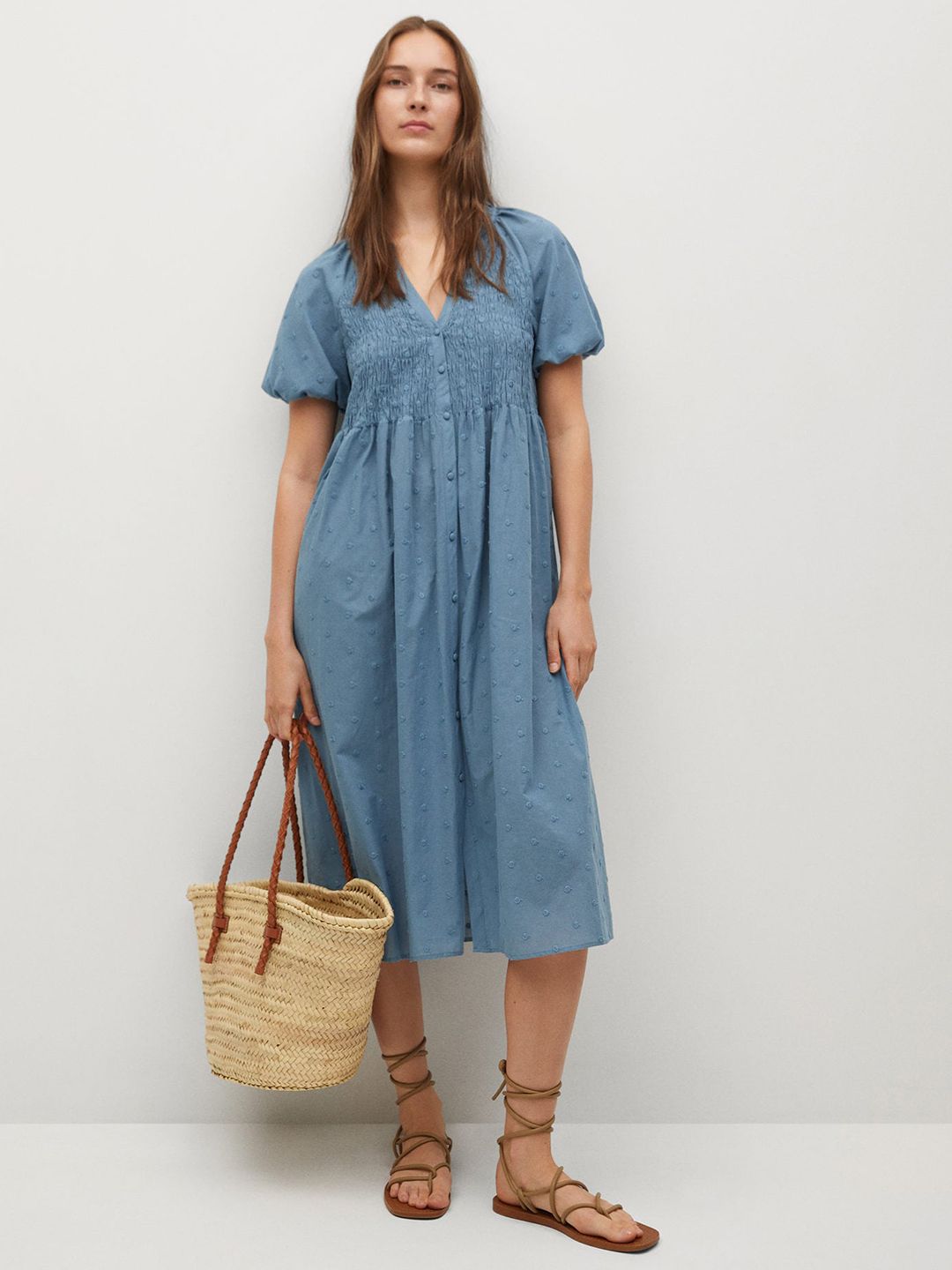 MANGO Women Blue Solid A-Line Midi Dress With Smocked Detailing