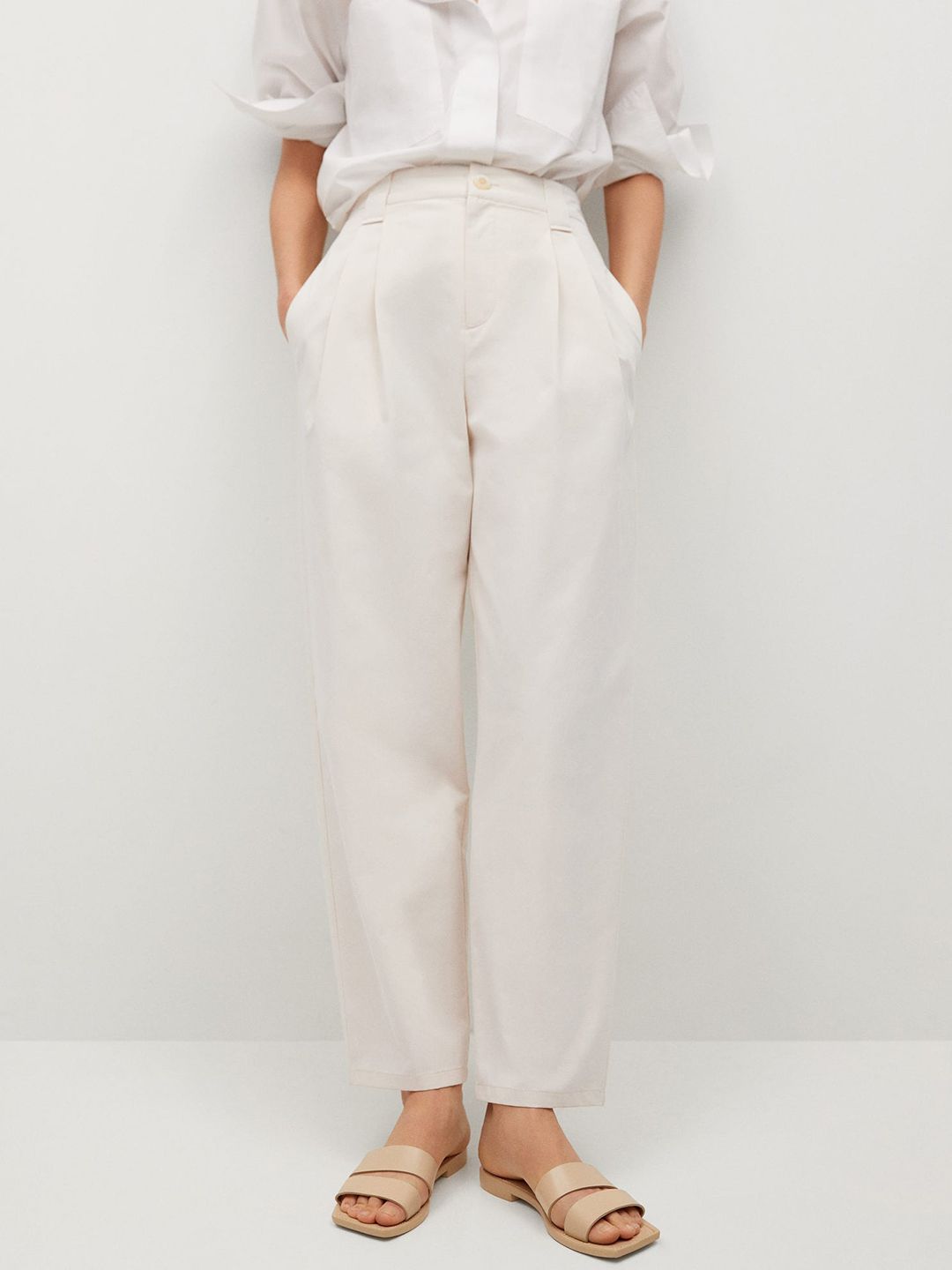 MANGO Women White Solid Straight Fit Pure Cotton Pleated Sustainable Regular Trousers