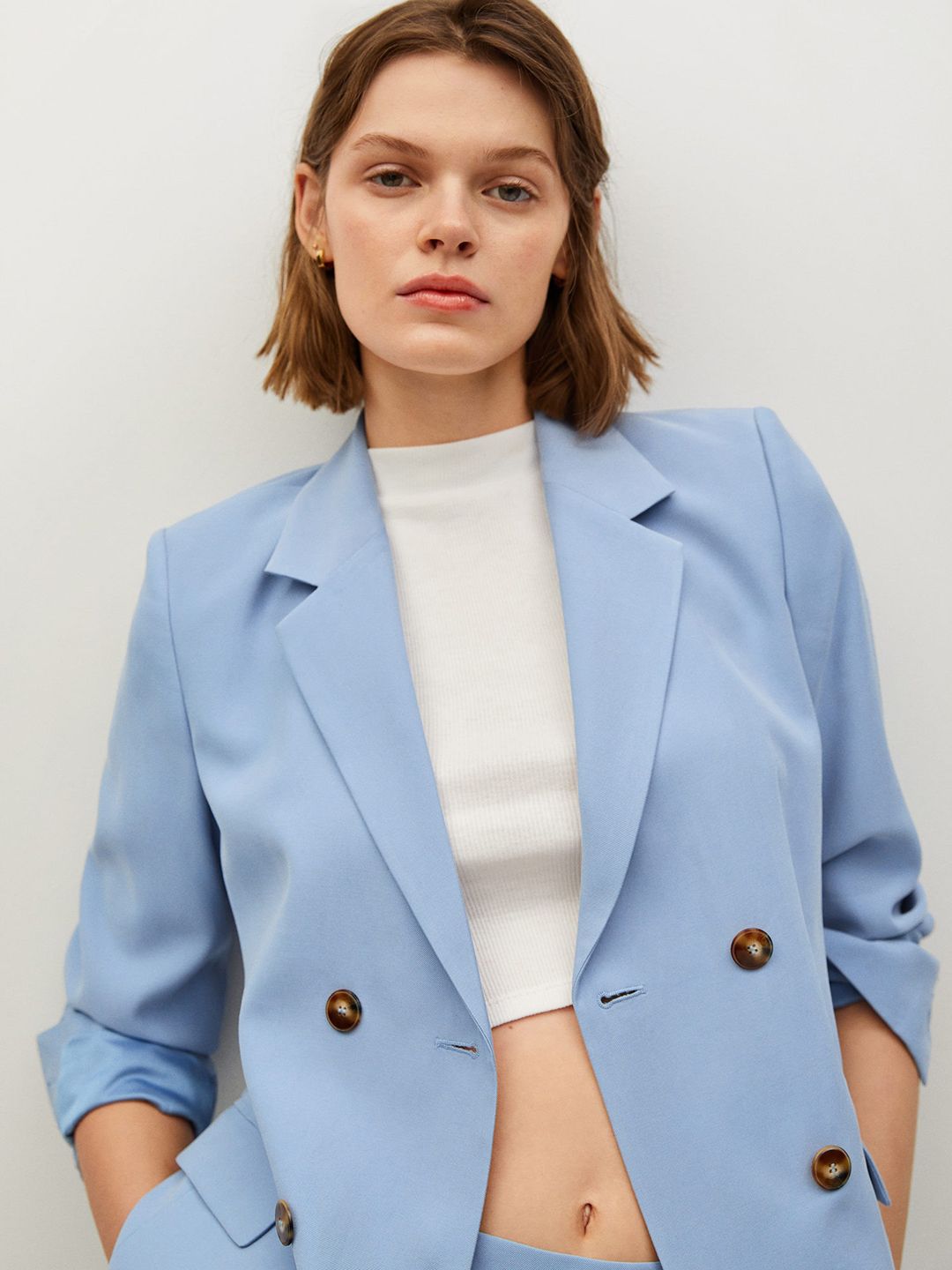 MANGO Women Blue Solid Double Breasted Sustainable Casual Blazer Price in India