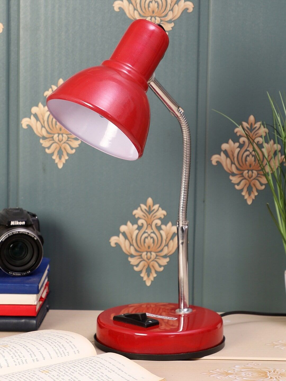 MFD HOME FURNISHING Red Solid Traditional Table Lamp Price in India