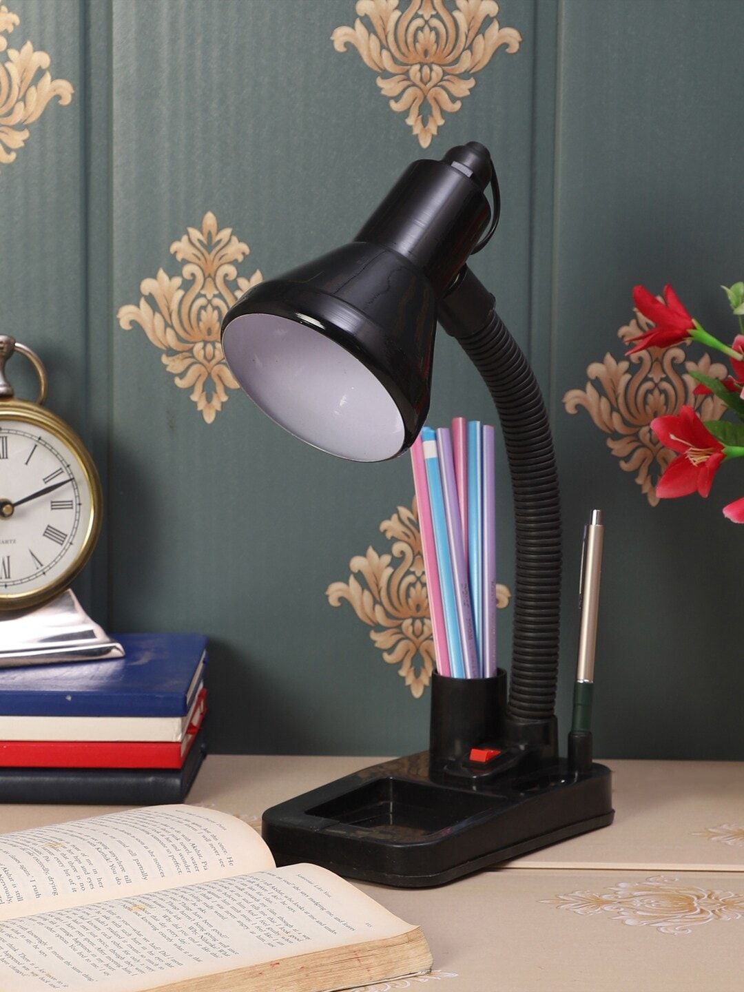 MFD HOME FURNISHING Black & White Solid Traditional Study Table Lamp Price in India