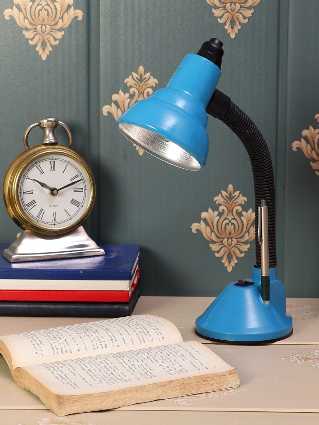 MFD HOME FURNISHING Blue & Black Solid Traditional Study Lamp Price in India