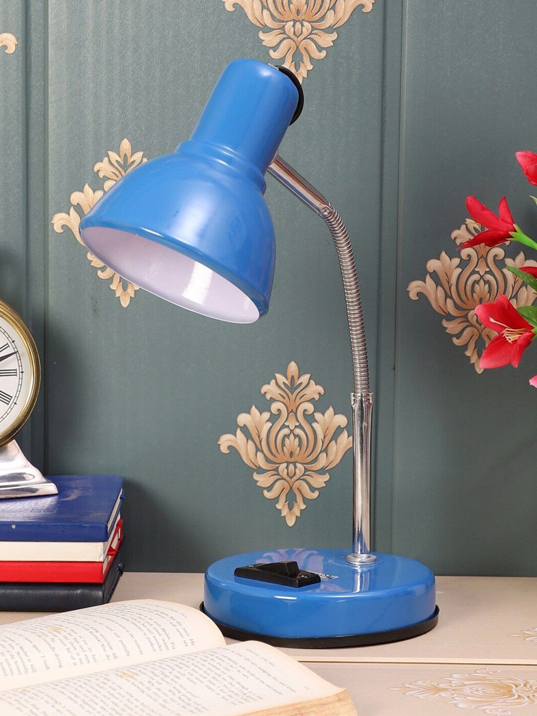 MFD HOME FURNISHING Blue & Silver-Toned Solid Traditional Study Table Lamp Price in India
