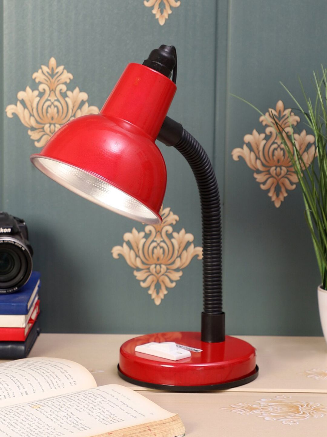 MFD HOME FURNISHING Red & Black Solid Traditional Study Lamp Price in India
