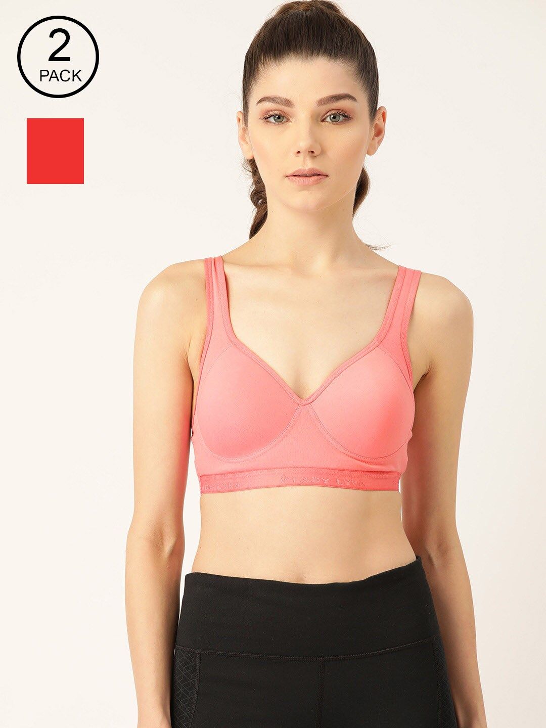 Lady Lyka Pack Of 2 Red & Pink Solid Non-Wired Lightly Padded Workout Bra PROVOGUE Price in India