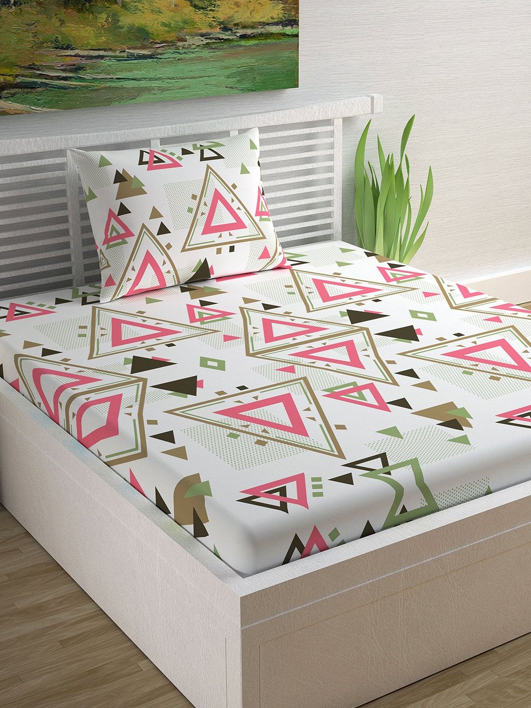 Divine Casa White & Pink Geometric 144 TC Cotton 1 Single Bedsheet with 1 Pillow Covers Price in India